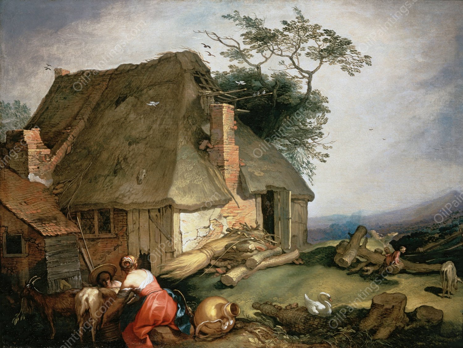 A cottage with peasants milking goats  by Abraham Bloemaert - Hand-Painted Oil Painting Reproduction