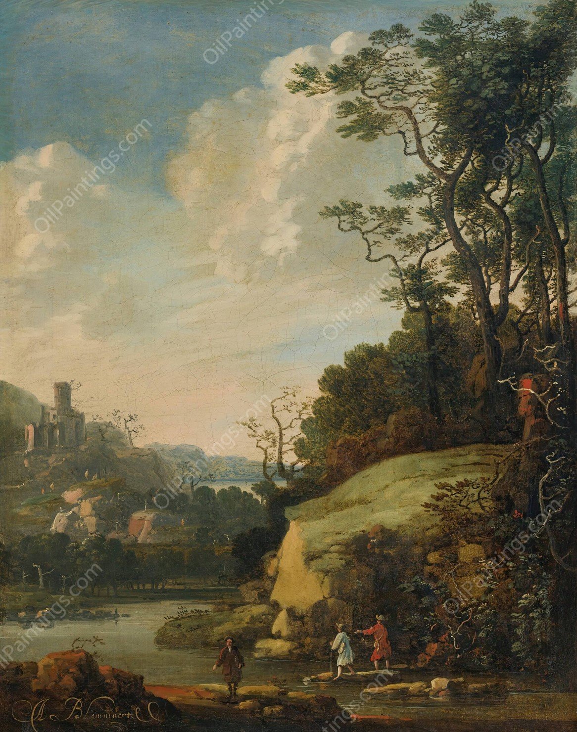 Hilly Landscape With Figures By A River by Abraham Bloemaert - Hand-Painted Oil Painting Reproduction