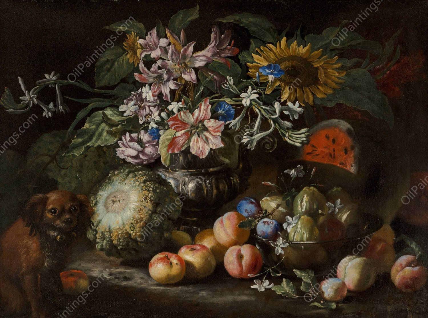 A still life of fruit and flowers in a footed gadrooned silver vase with a spaniel looking on  by Abraham Brueghel - Hand-Painted Oil Painting Reproduction
