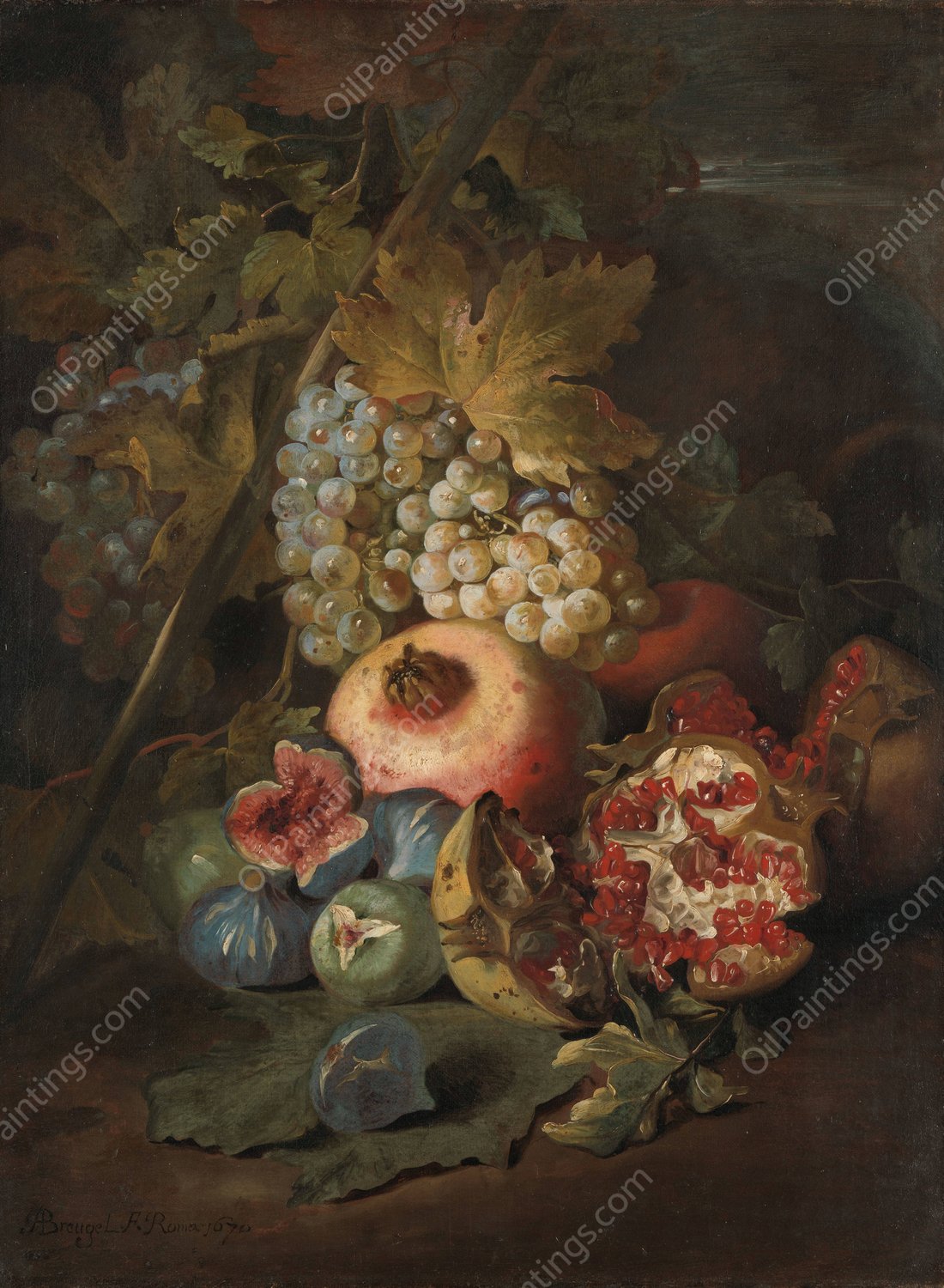 Bunches of Grapes, Pomegranates and Figs in a Landscape  by Abraham Brueghel - Hand-Painted Oil Painting Reproduction