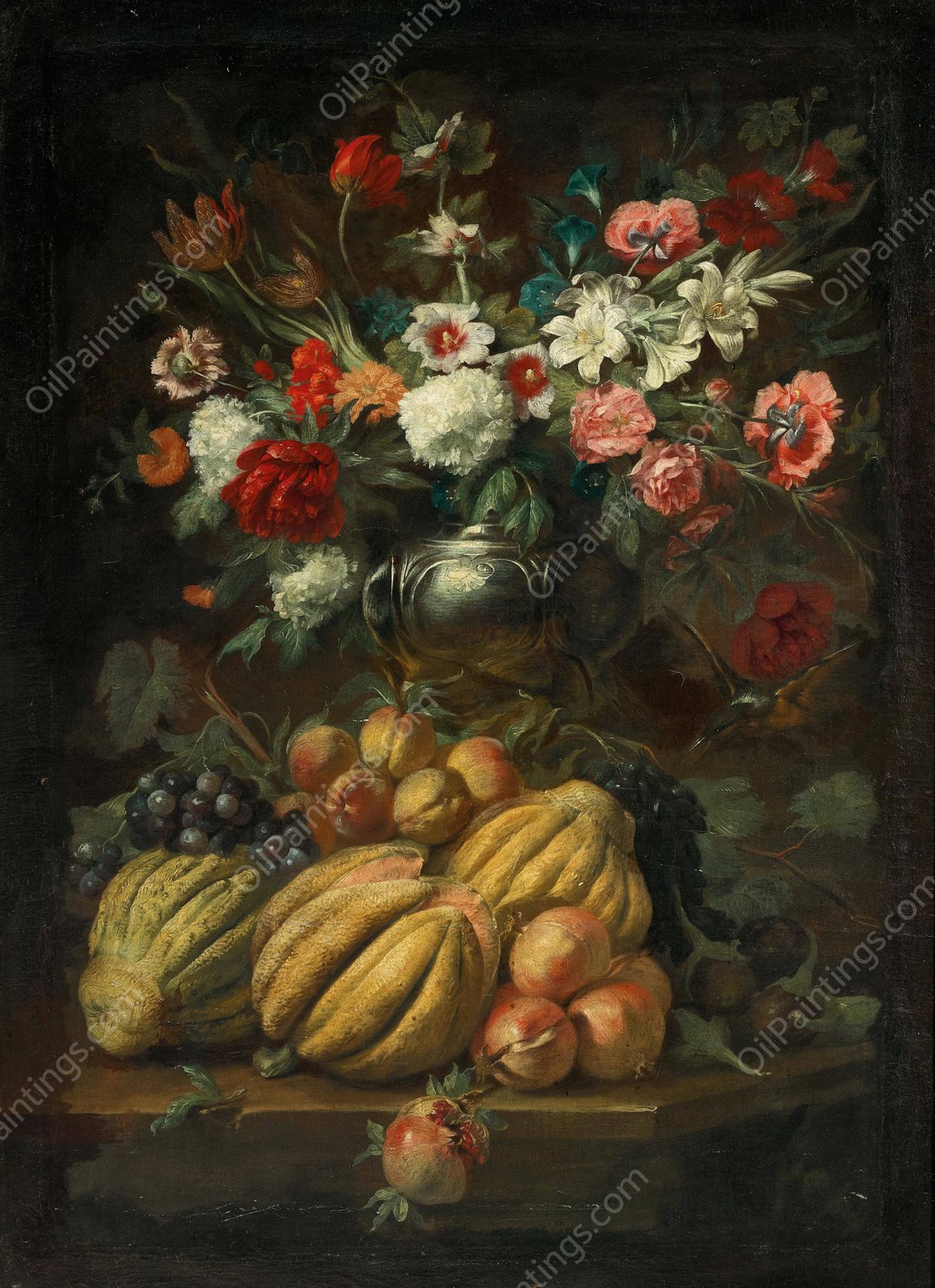 Flowers in a vase and fruit on a table by Abraham Brueghel - Hand-Painted Oil Painting Reproduction