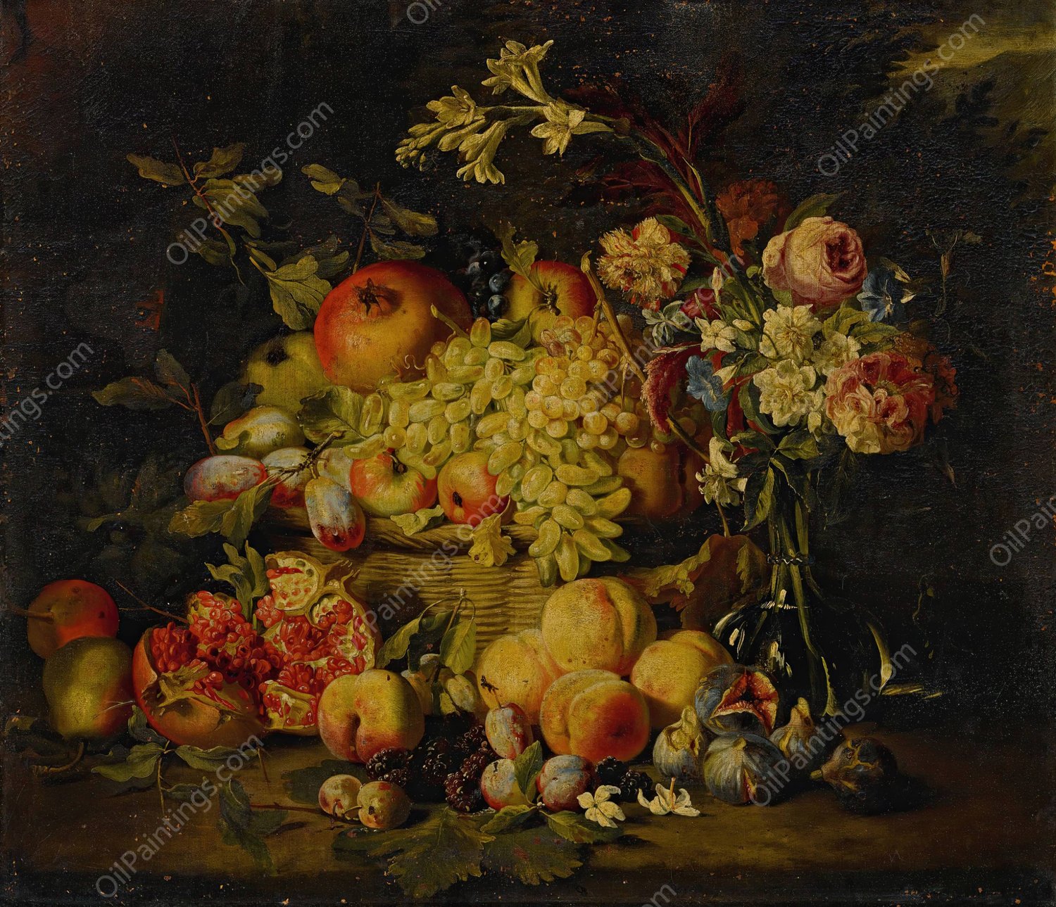 Still life of flowers and fruits, including pomegranates, peaches, and grapes by Abraham Brueghel - Hand-Painted Oil Painting Reproduction