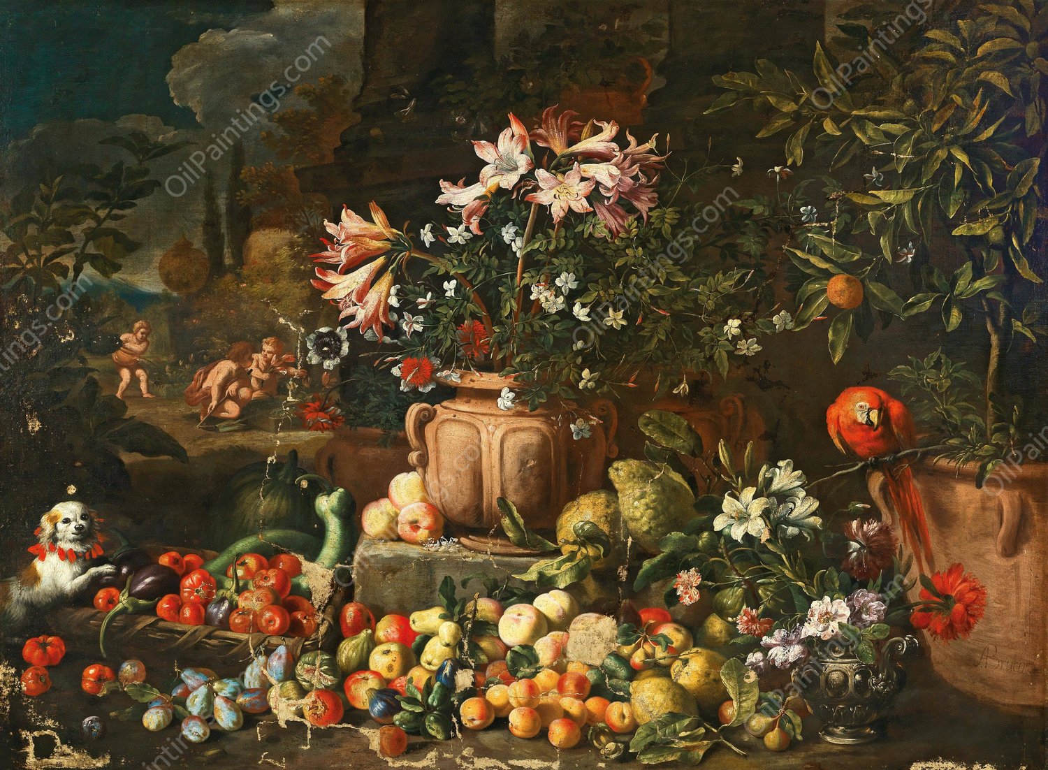 Still life of flowers with fruits, putti and animals by Abraham Brueghel - Hand-Painted Oil Painting Reproduction