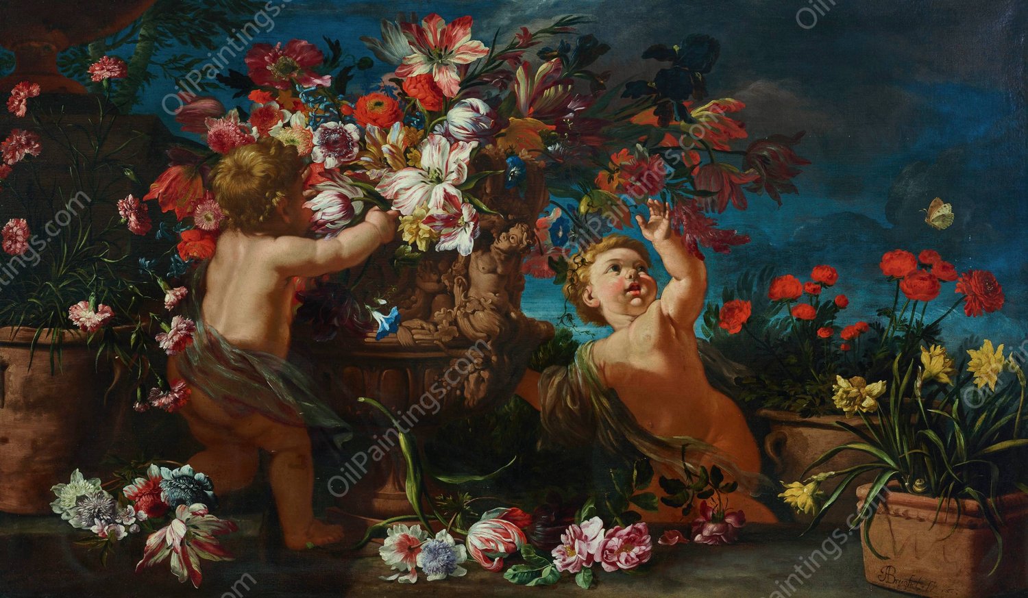 Vases of flowers with putti in a landscape by Abraham Brueghel - Hand-Painted Oil Painting Reproduction