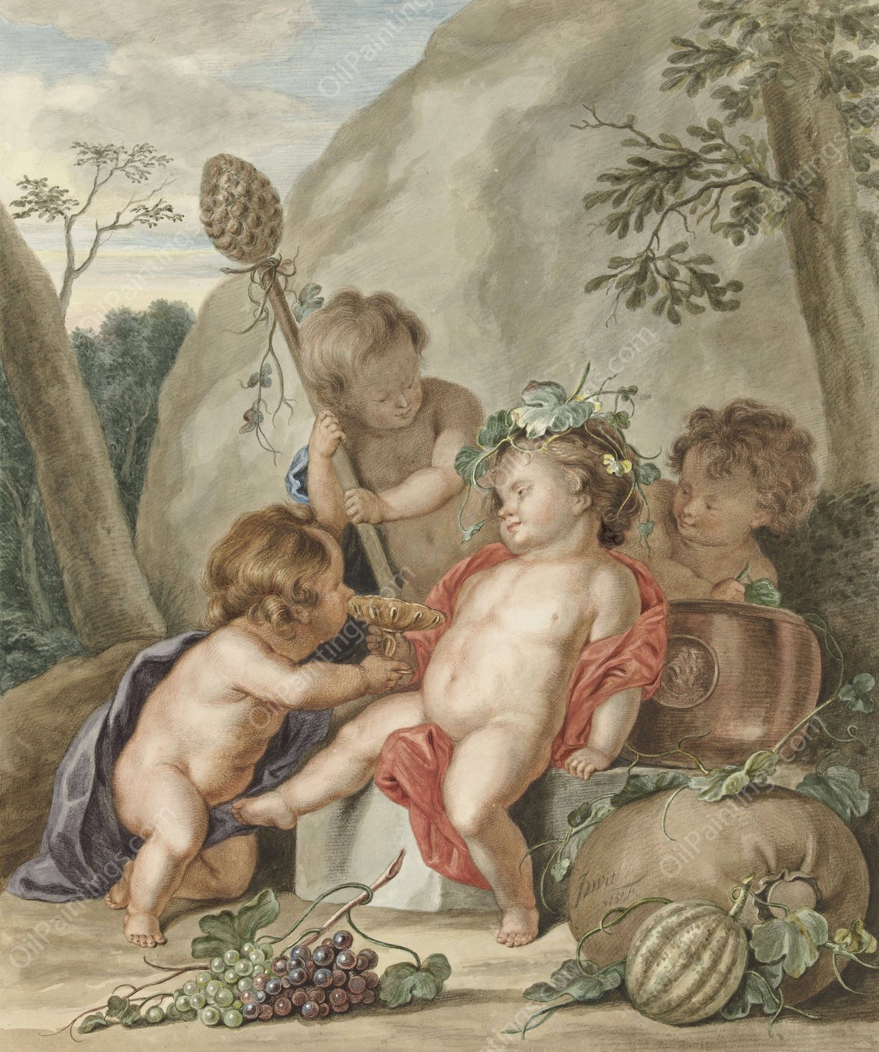 Kinderbacchanaal, after Jacob de Wit  by Abraham Delfos - Hand-Painted Oil Painting Reproduction