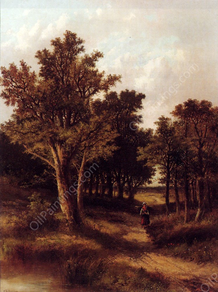 Wooded Landscape with a Faggot Gatherer on a Sandy Track by Abraham Hulk Jun - Hand-Painted Oil Painting Reproduction