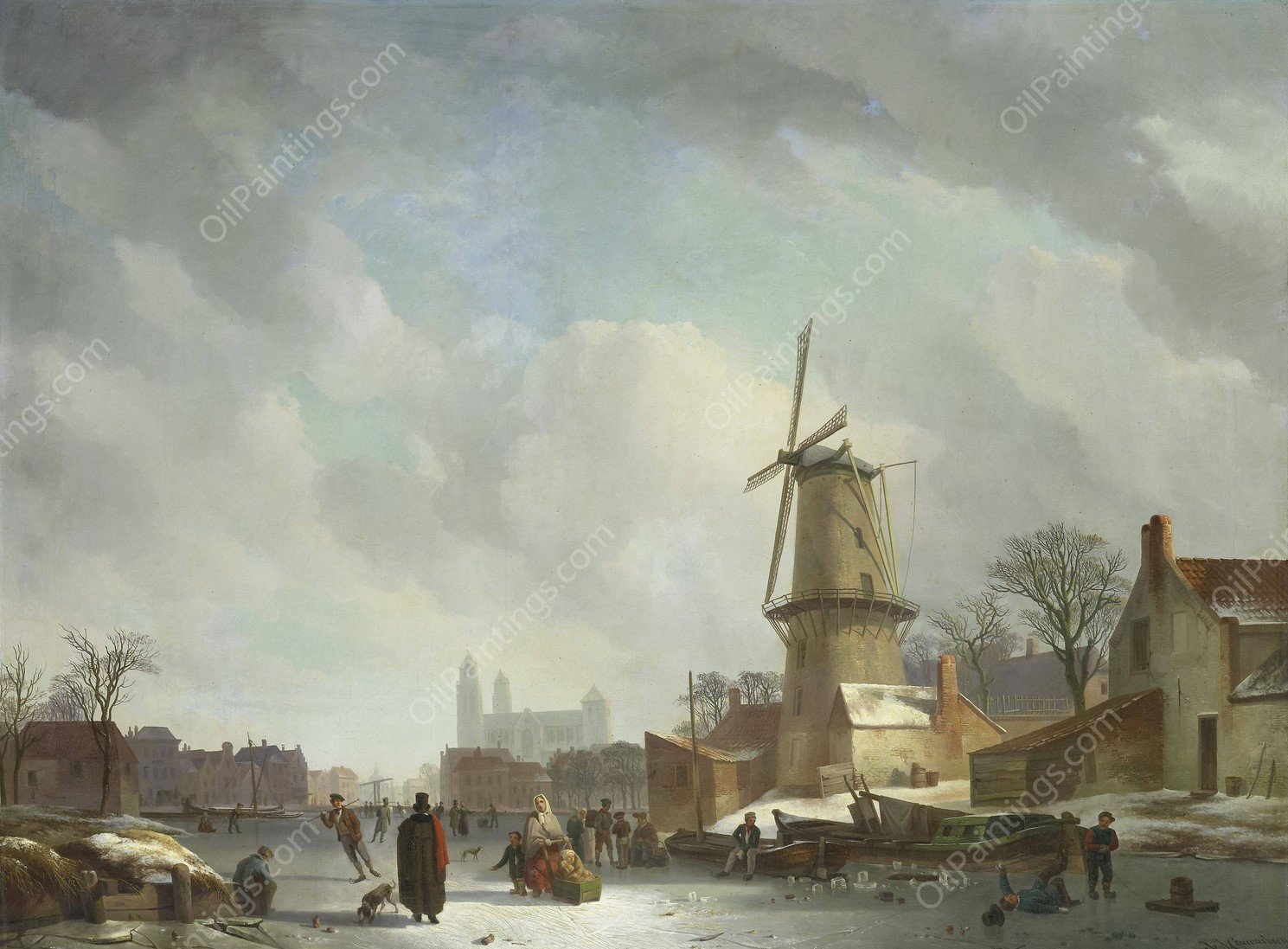 Frolicking on a Frozen Canal in a Town  by Abraham Johannes Couwenberg - Hand-Painted Oil Painting Reproduction