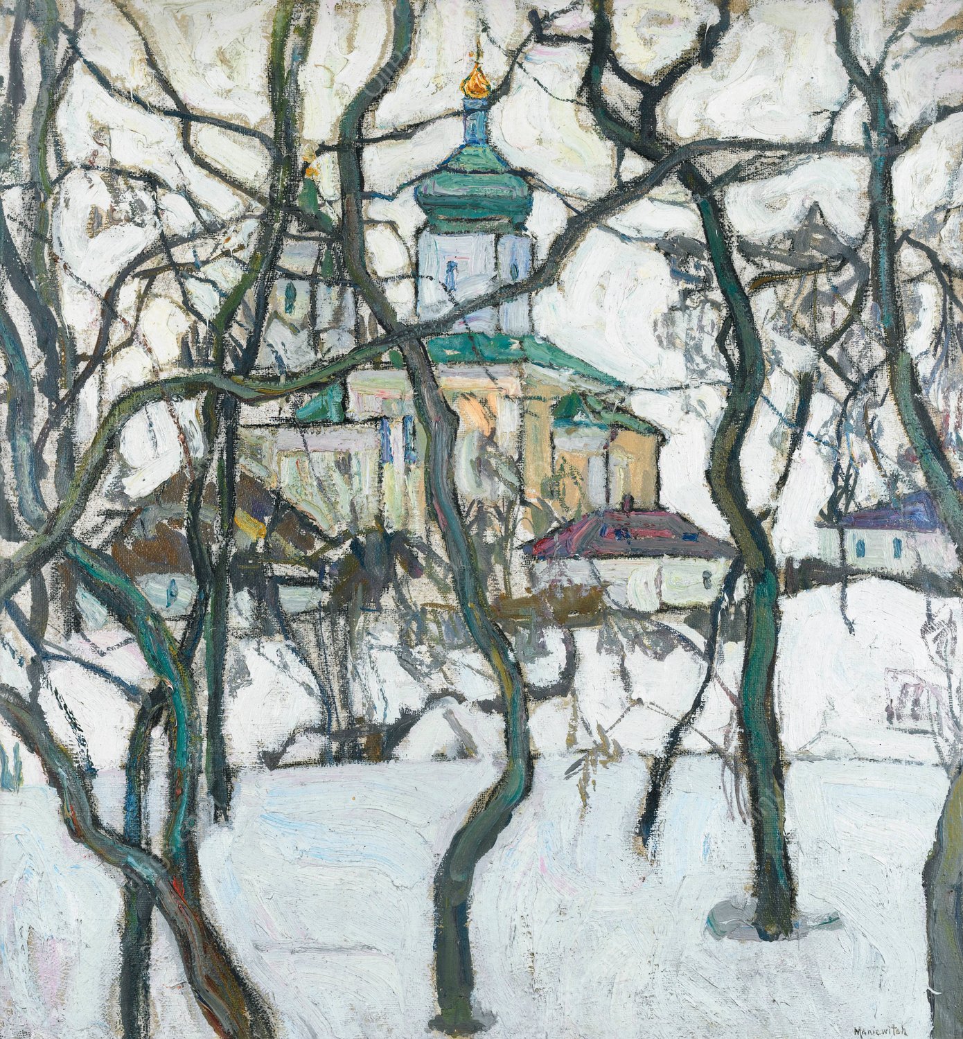 Winter Scene With Church  by Abraham Manievich - Hand-Painted Oil Painting Reproduction