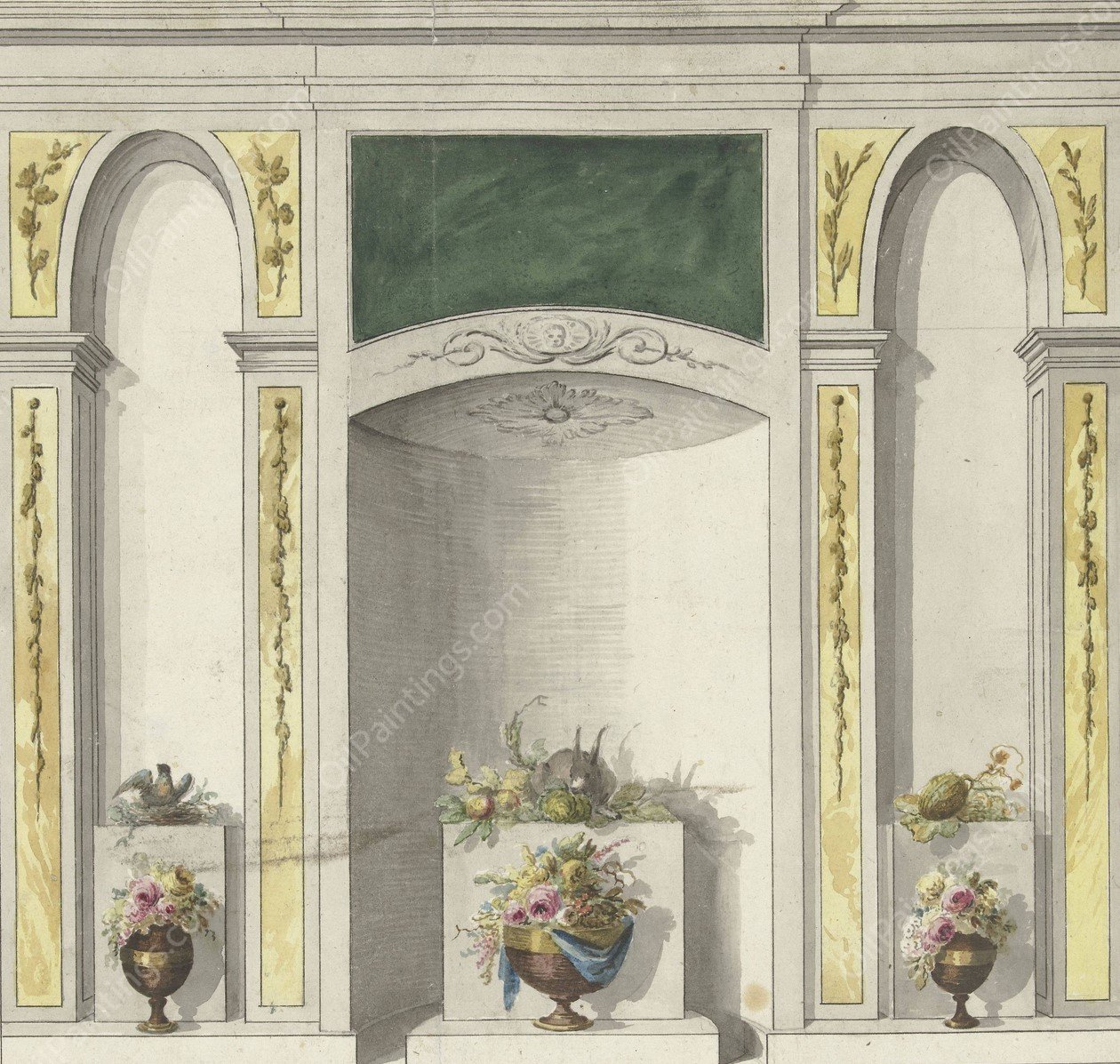 Ontwerp voor kamerversiering met drie nissen waarin bloemenvazen  by Abraham Meertens - Hand-Painted Oil Painting Reproduction