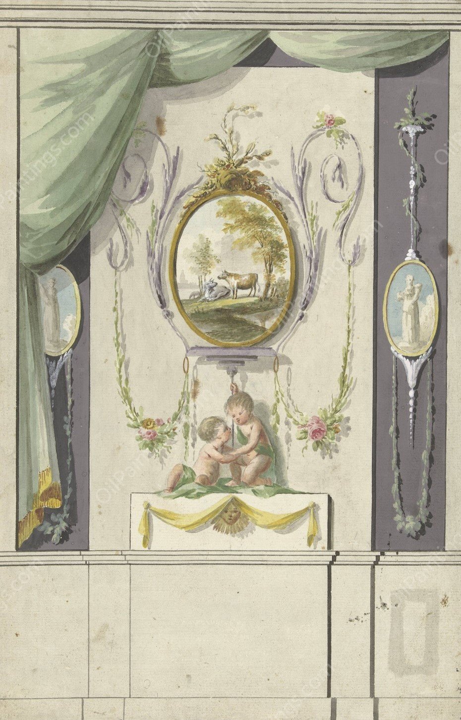 Ontwerp voor kamerversiering met een paneel met een medaillon met koeien  by Abraham Meertens - Hand-Painted Oil Painting Reproduction