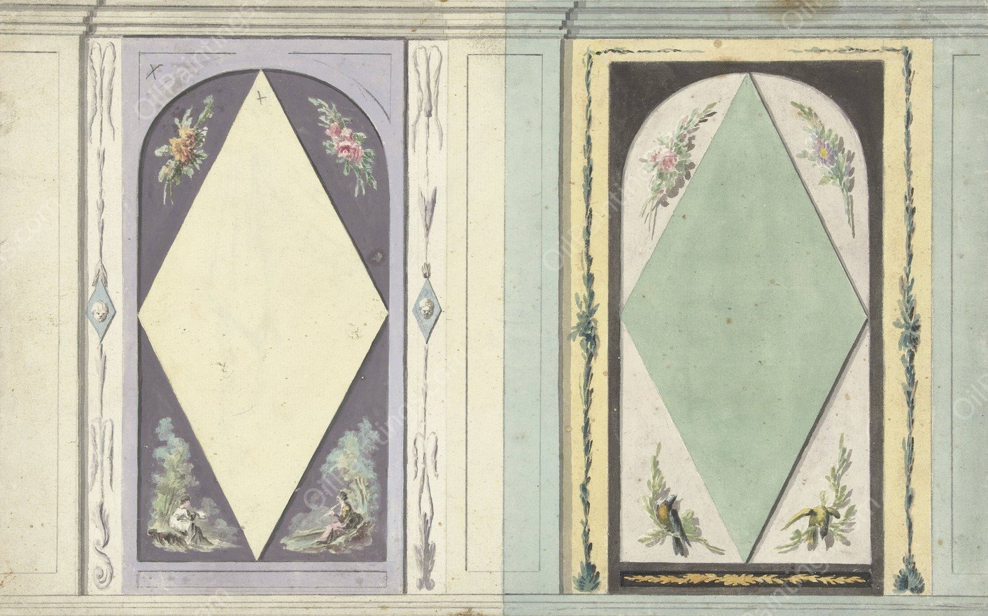 Ontwerp voor kamerversiering met twee panelen met een ruit in geel en groen  by Abraham Meertens - Hand-Painted Oil Painting Reproduction