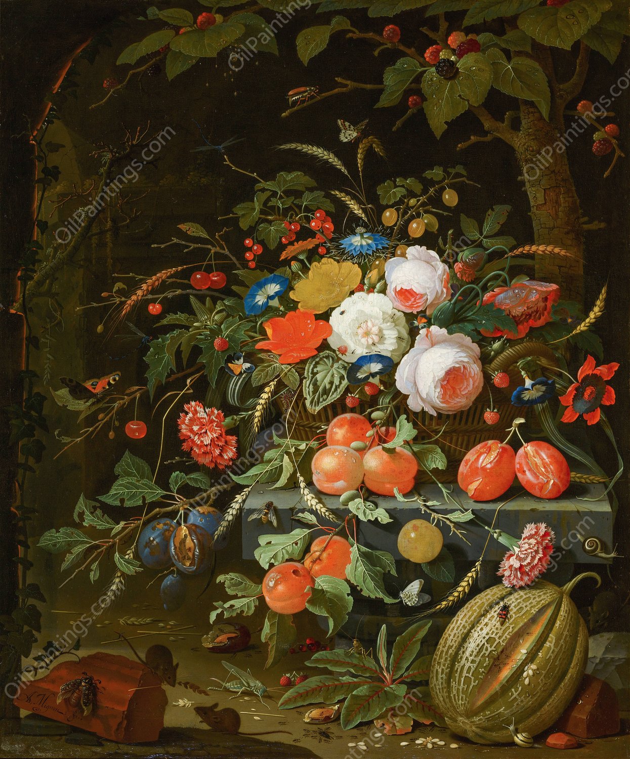Flowers and Fruit by Abraham Mignon - Hand-Painted Oil Painting Reproduction