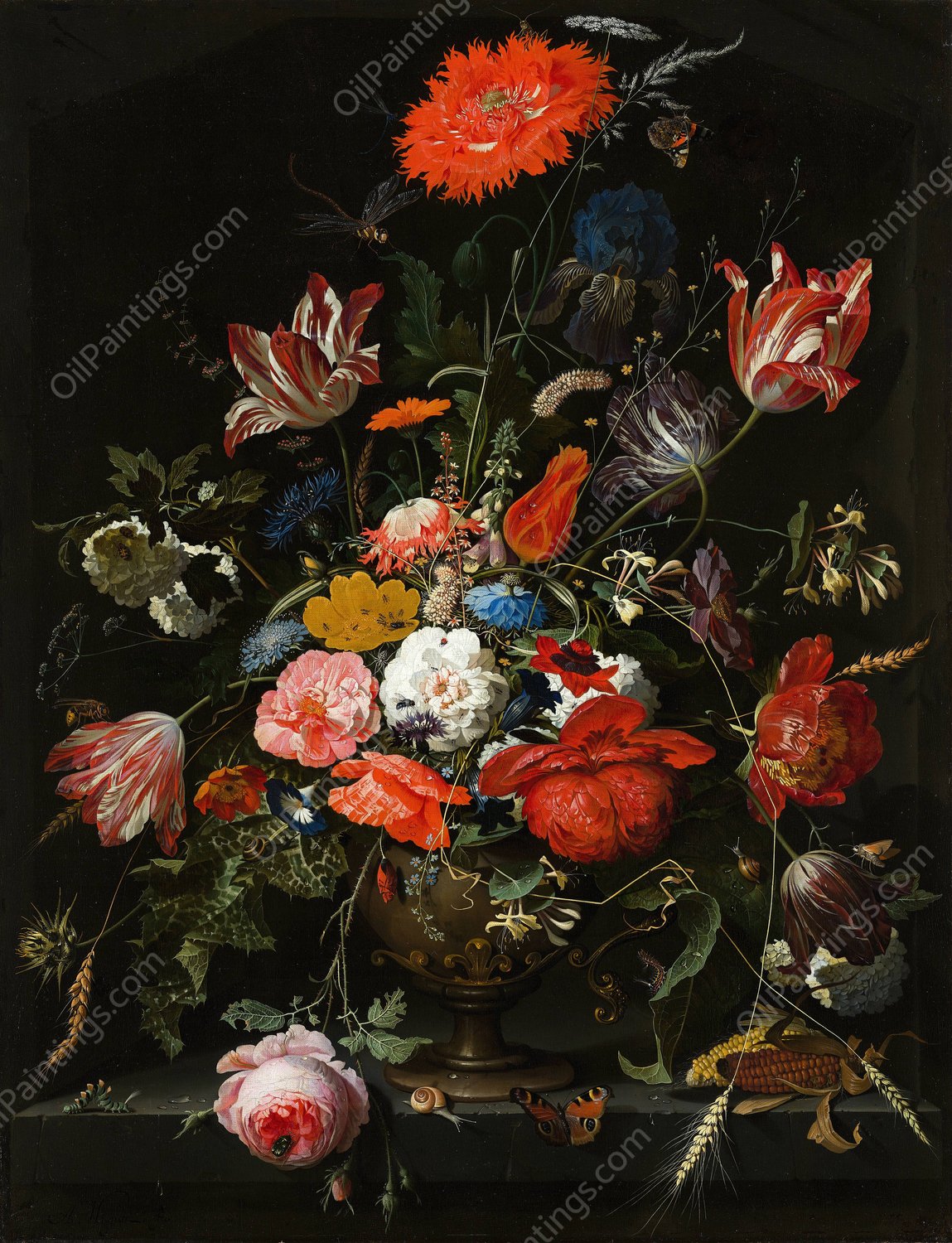 Flowers in a Metal Vase  by Abraham Mignon - Hand-Painted Oil Painting Reproduction