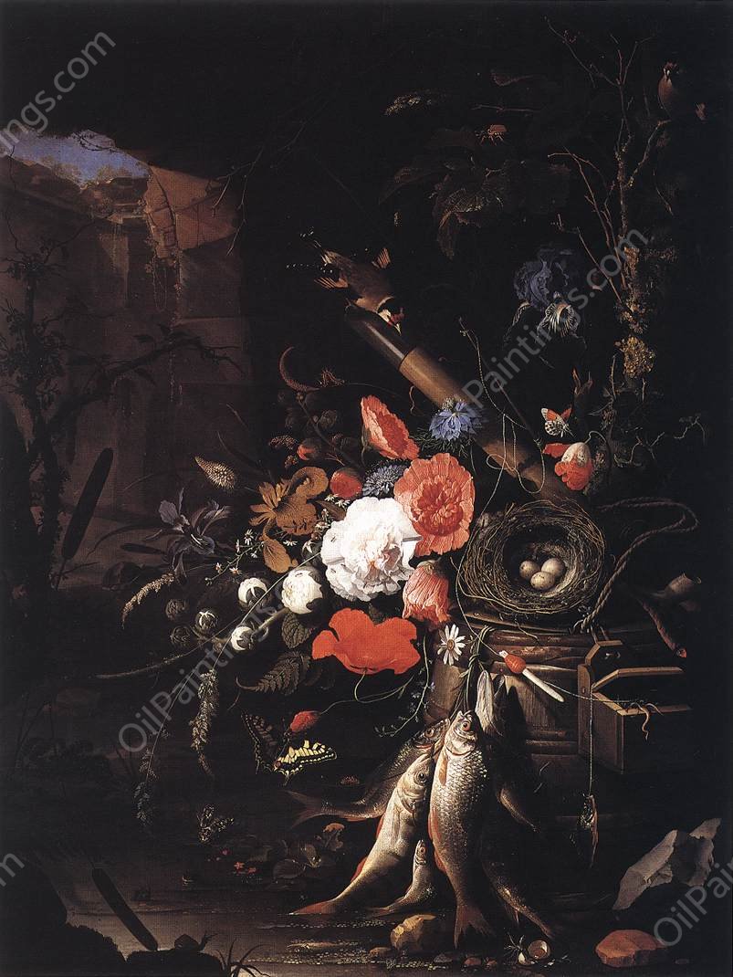 Still-Life with Fishes and Bird Nest by Abraham Mignon - Hand-Painted Oil Painting Reproduction