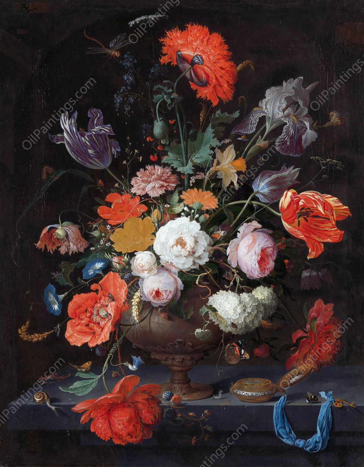 Still Life with Flowers and a Watch  by Abraham Mignon - Hand-Painted Oil Painting Reproduction