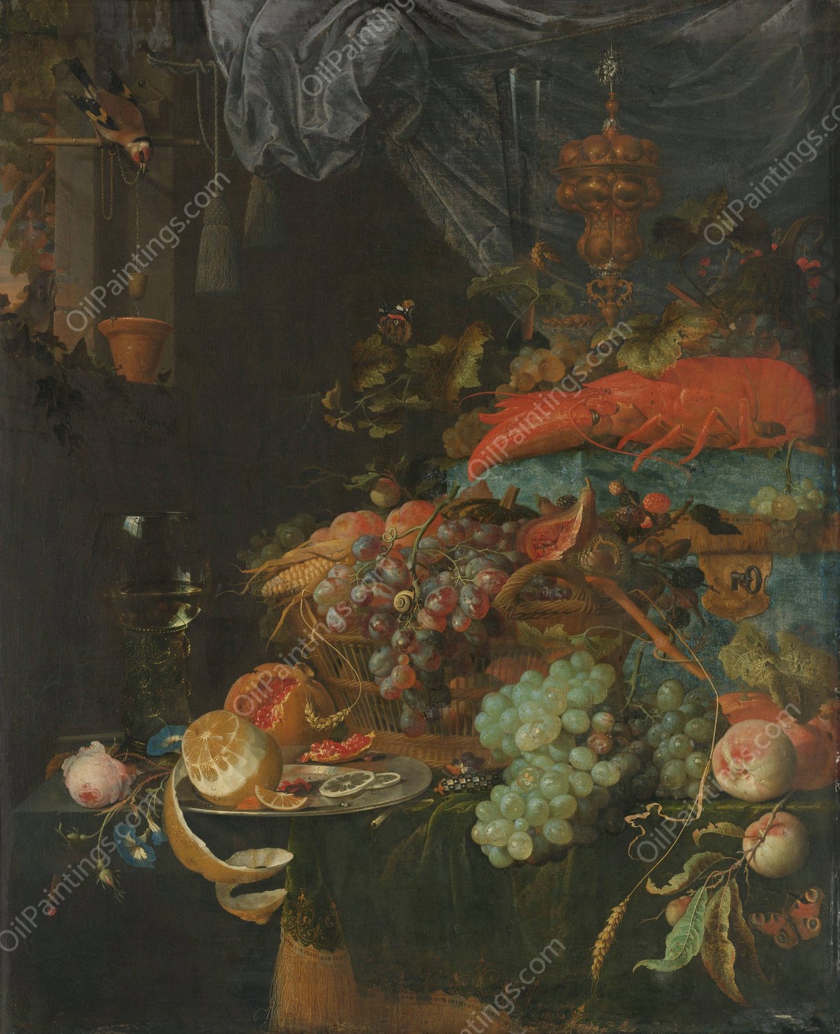 Still Life with Fruit and a Goldfinch  by Abraham Mignon - Hand-Painted Oil Painting Reproduction