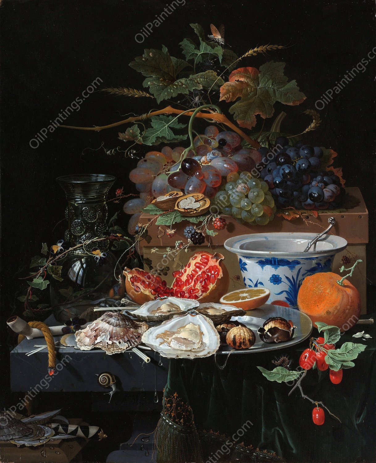 Still Life with Fruit, Oysters, and a Porcelain Bowl  by Abraham Mignon - Hand-Painted Oil Painting Reproduction