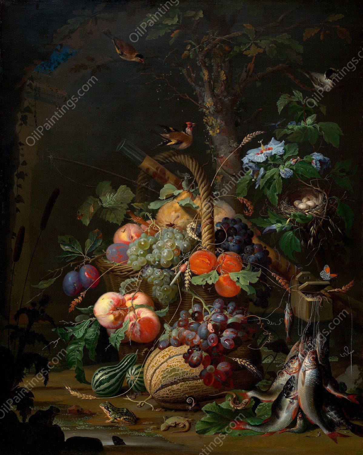 Stillleben mit Fruchten, Fischen und Vogelnest by Abraham Mignon - Hand-Painted Oil Painting Reproduction