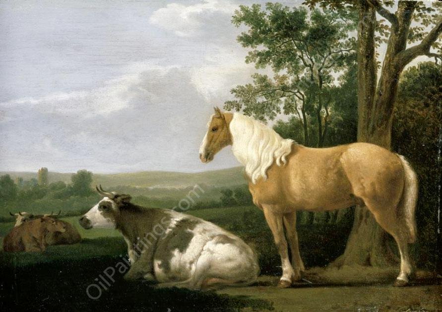 A Horse and Cows in a Landscape by Abraham Van Calraet - Hand-Painted Oil Painting Reproduction