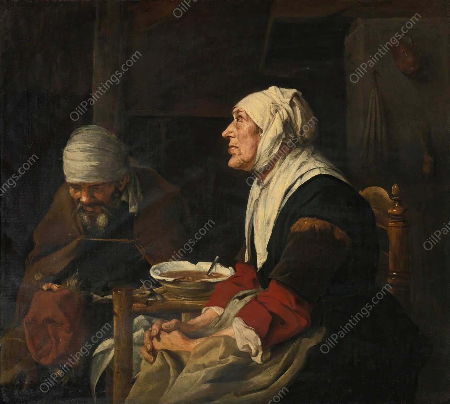 Grace Before Dinner, An Old Couple Seated At a Table by Abraham Van Dijck - Hand-Painted Oil Painting Reproduction