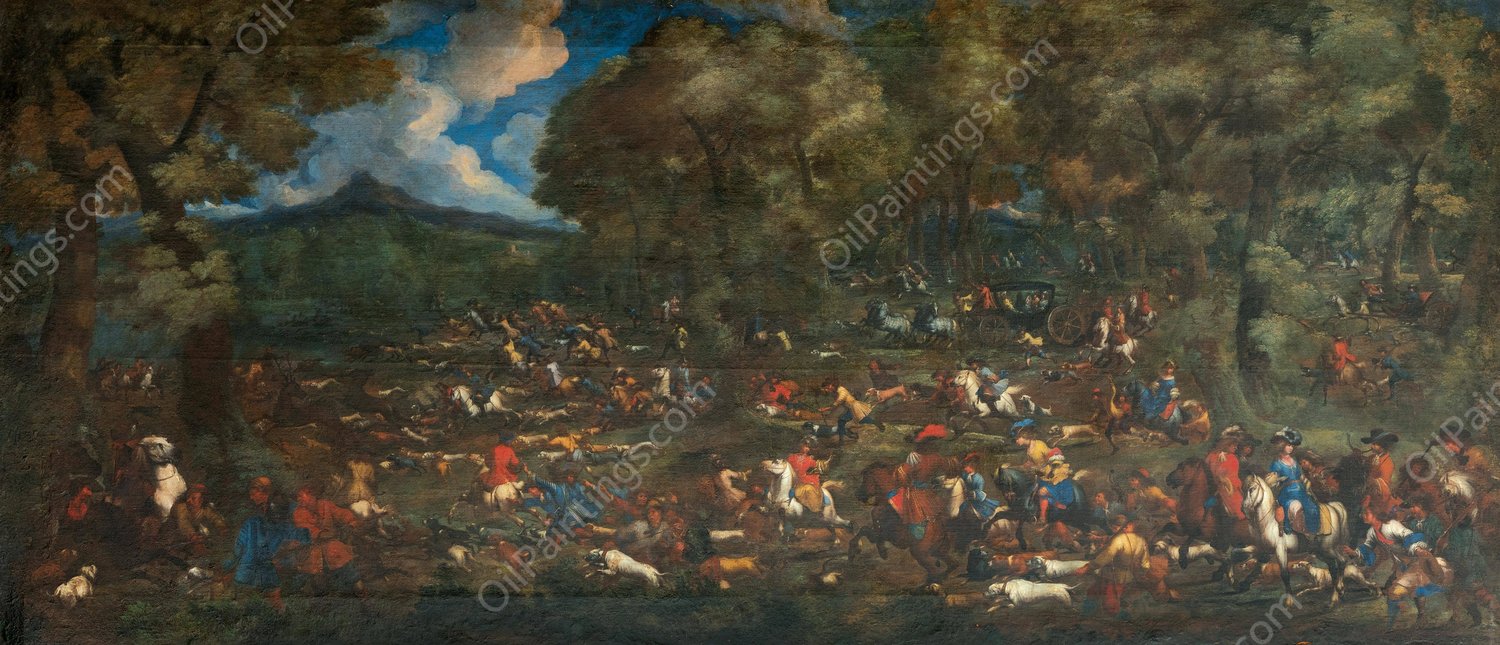 Elegant figures on horseback and in carriages following a hunt by Adam Frans Van Der Meulen - Hand-Painted Oil Painting Reproduction