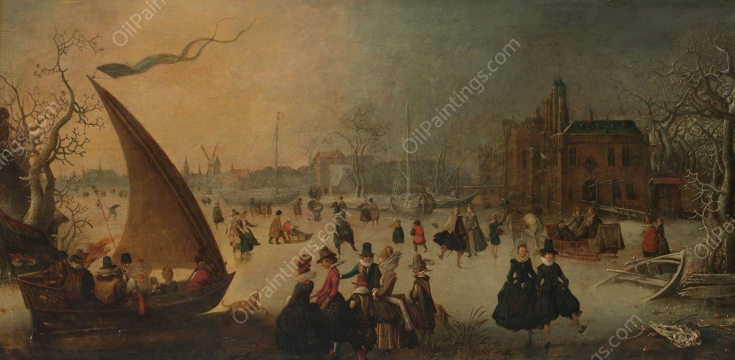 Landscape with frozen Canal, Skaters and an Ice-Boat  by Adam Van Breen - Hand-Painted Oil Painting Reproduction