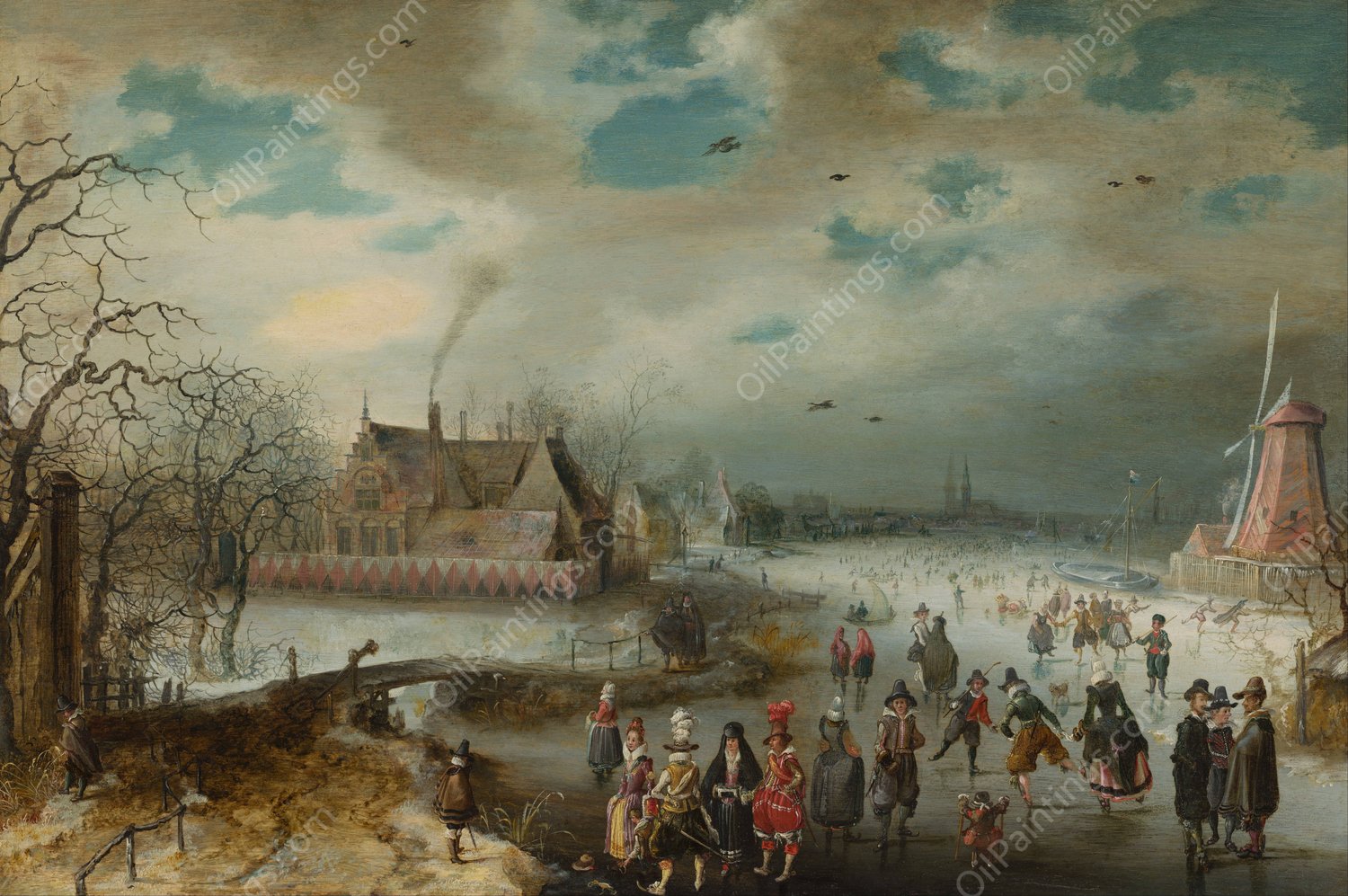 Skating on the Frozen Amstel River by Adam Van Breen - Hand-Painted Oil Painting Reproduction