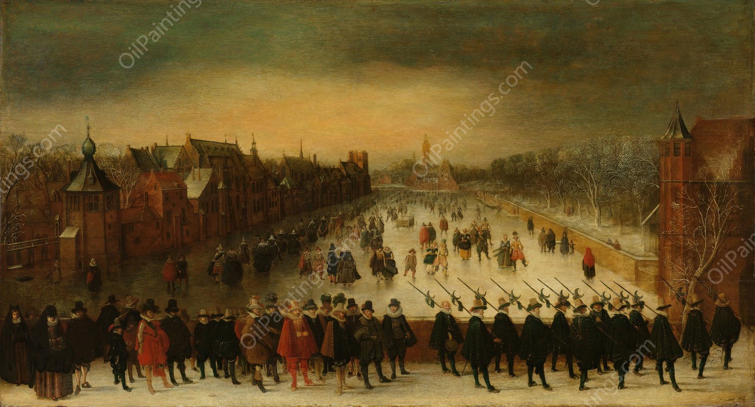 The Vijverberg, The Hague, in Winter, with Prince Maurits and his Retinue in the Foreground  by Adam Van Breen - Hand-Painted Oil Painting Reproduction