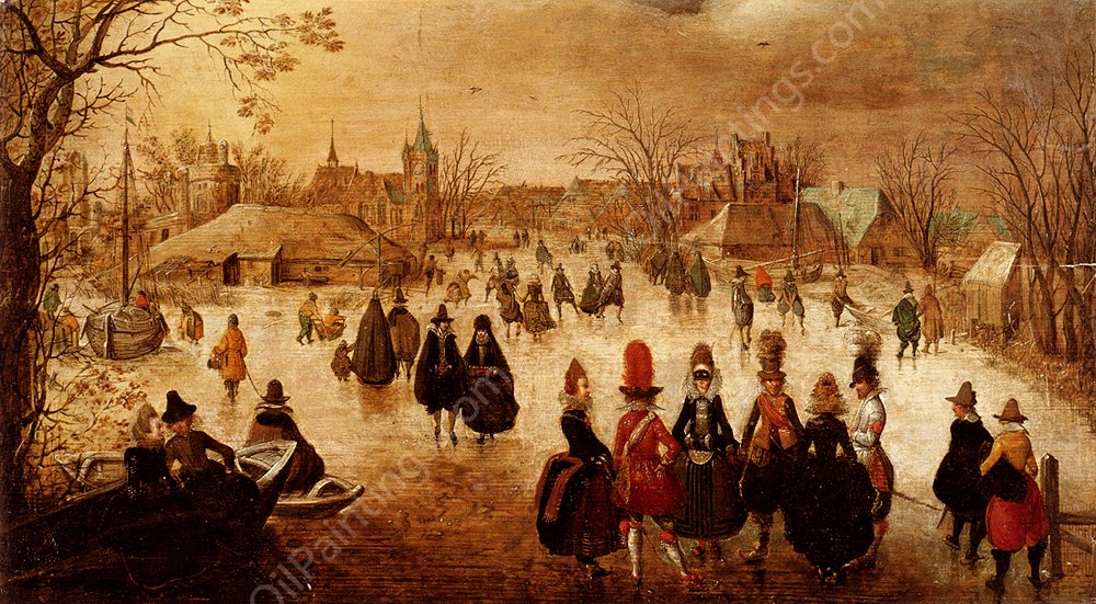 Winter Landscape with Skaters on a Frozen River by Adam Van Breen - Hand-Painted Oil Painting Reproduction