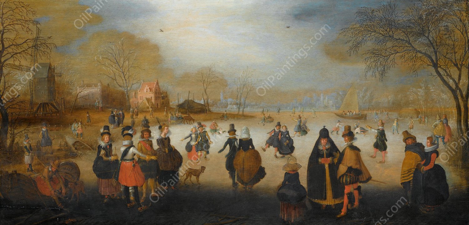 Winter Landscape with Skaters  by Adam Van Breen - Hand-Painted Oil Painting Reproduction