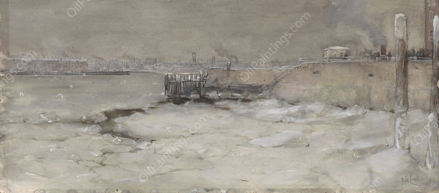 Het kruien van het ijs op de Maas te Rotterdam  by Adolf Le Comte - Hand-Painted Oil Painting Reproduction