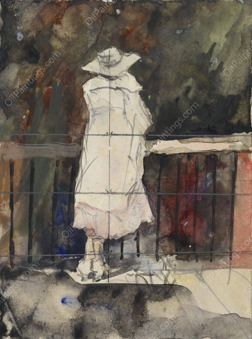 Staande vrouw voor een balustrade, op de rug gezien  by Adolf Le Comte - Hand-Painted Oil Painting Reproduction