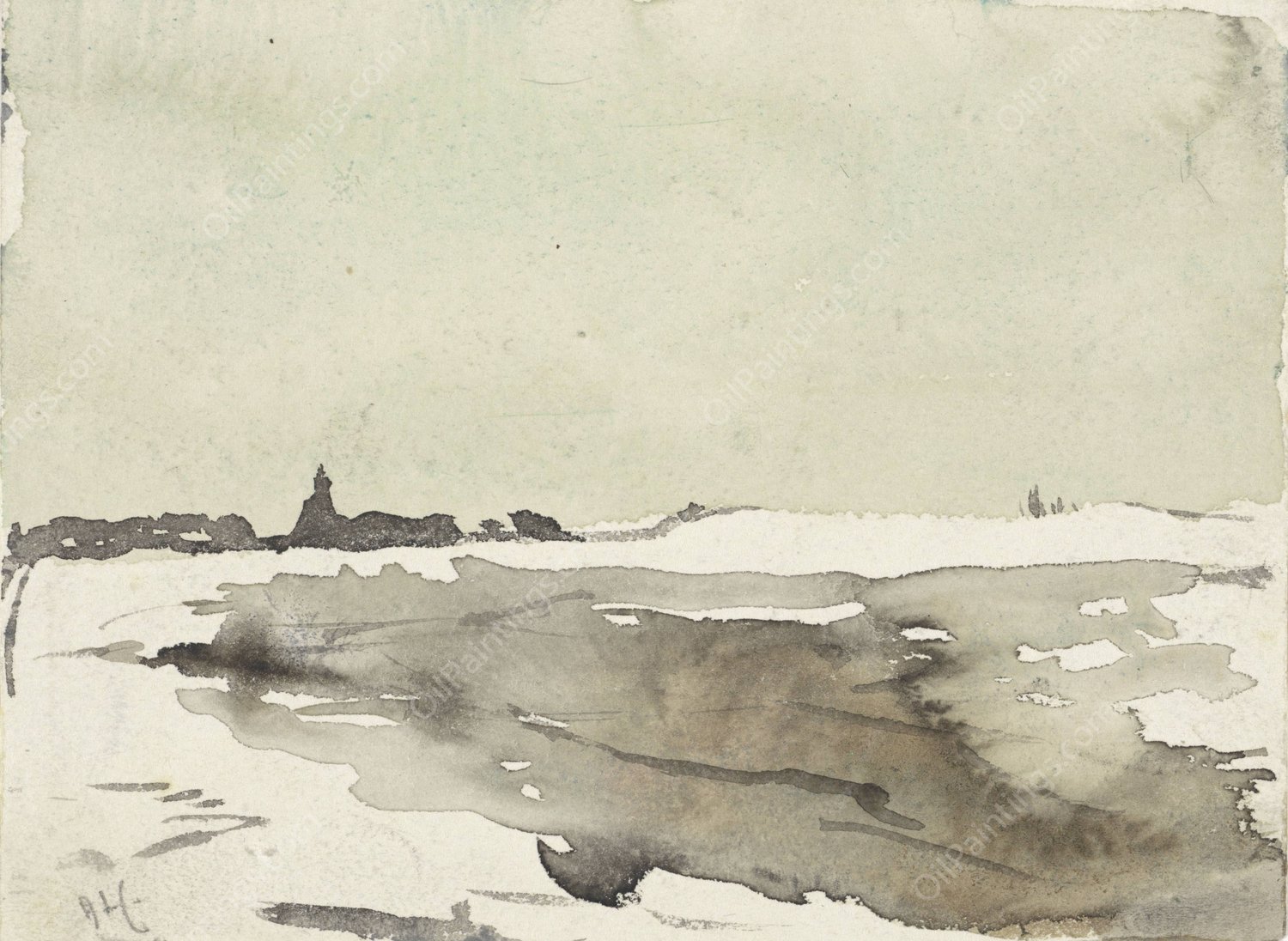 Winterlandschap met kerkje in het verschiet  by Adolf Le Comte - Hand-Painted Oil Painting Reproduction