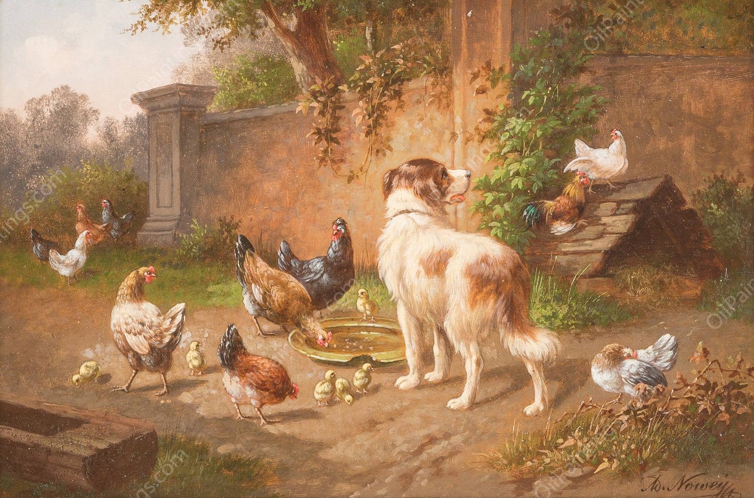 Dog among chicken by Adolf Nowey - Hand-Painted Oil Painting Reproduction