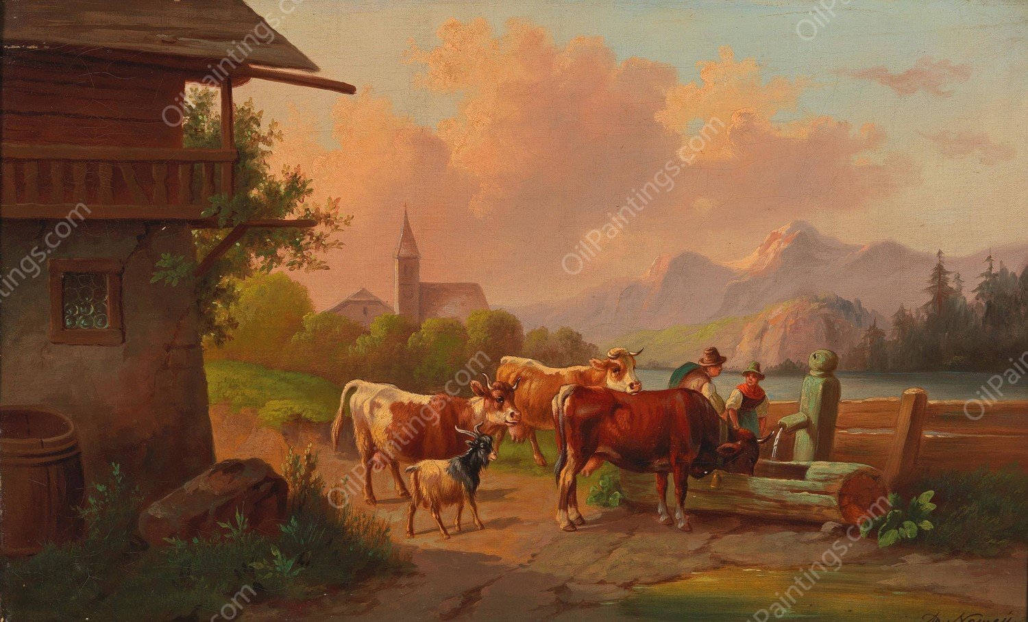 Kuhe mit Hirte und Hirtin an der Tranke by Adolf Nowey - Hand-Painted Oil Painting Reproduction