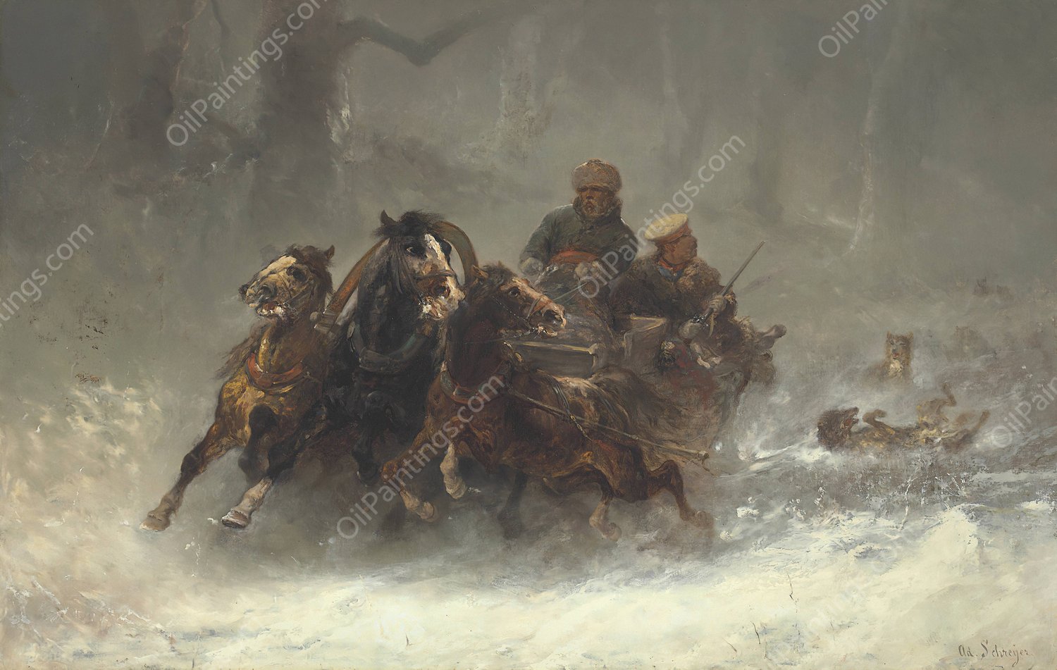 A Troika Pursued by Wolves by Adolf Schreyer - Hand-Painted Oil Painting Reproduction