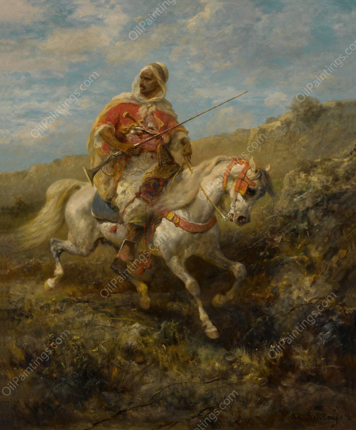 Arabian Horseman by Adolf Schreyer - Hand-Painted Oil Painting Reproduction