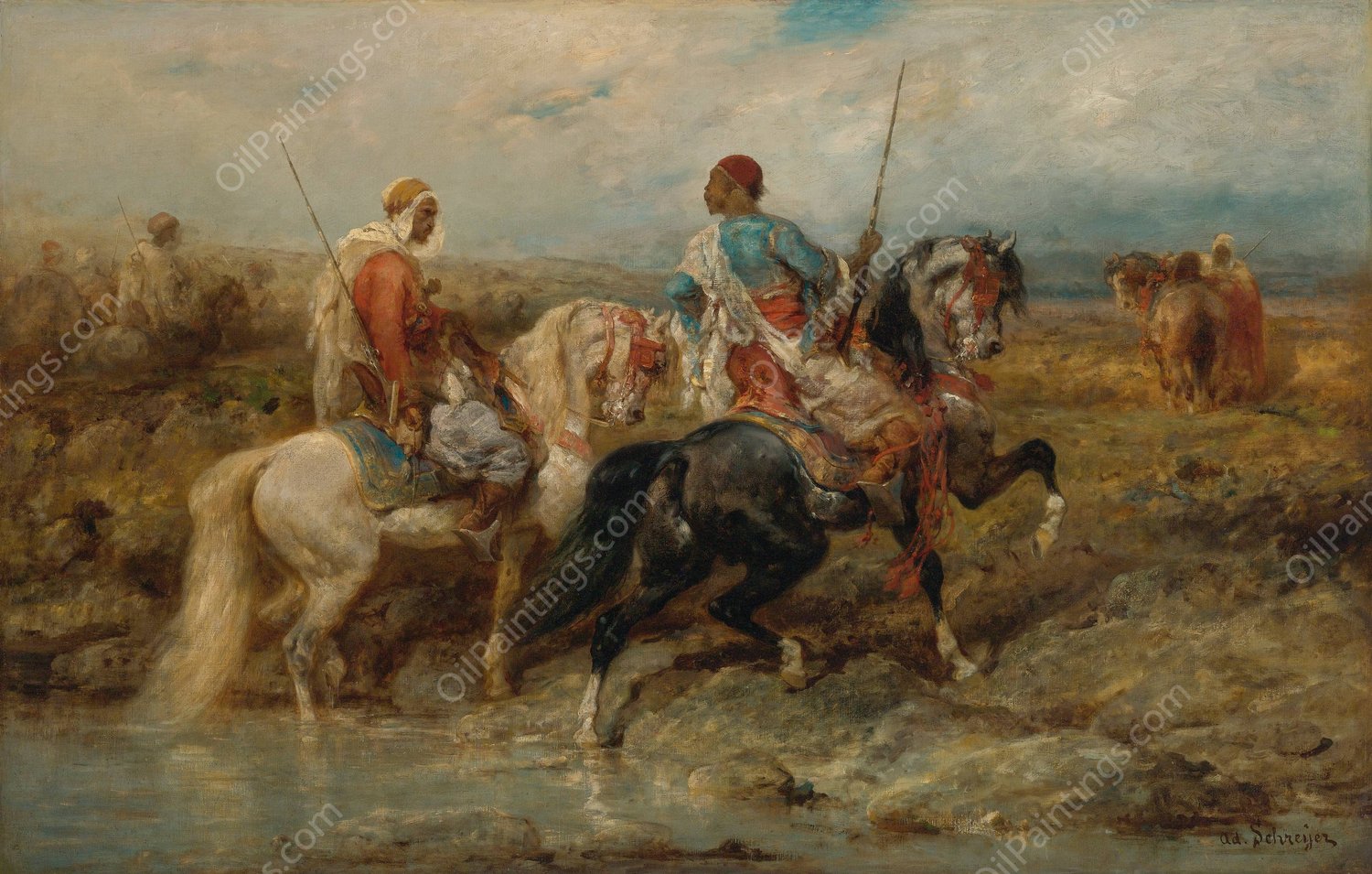 Fording A Stream by Adolf Schreyer - Hand-Painted Oil Painting Reproduction