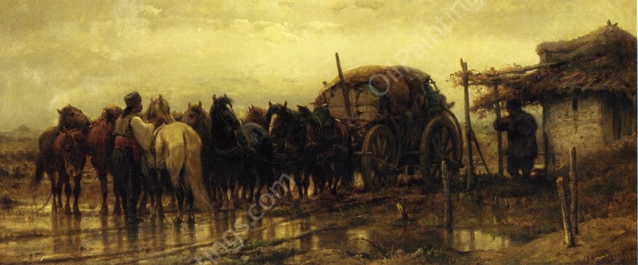 Hitching Horses to the Wagon by Adolf Schreyer - Hand-Painted Oil Painting Reproduction