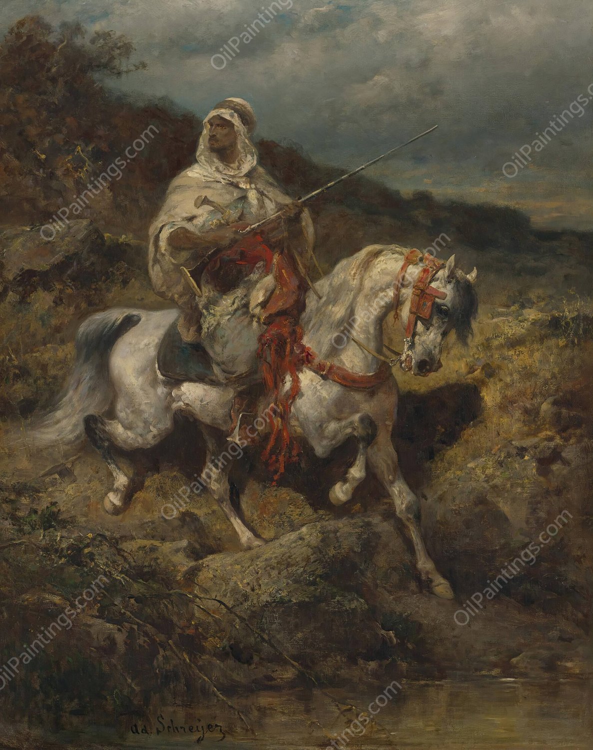 Mounted Arab by Adolf Schreyer - Hand-Painted Oil Painting Reproduction