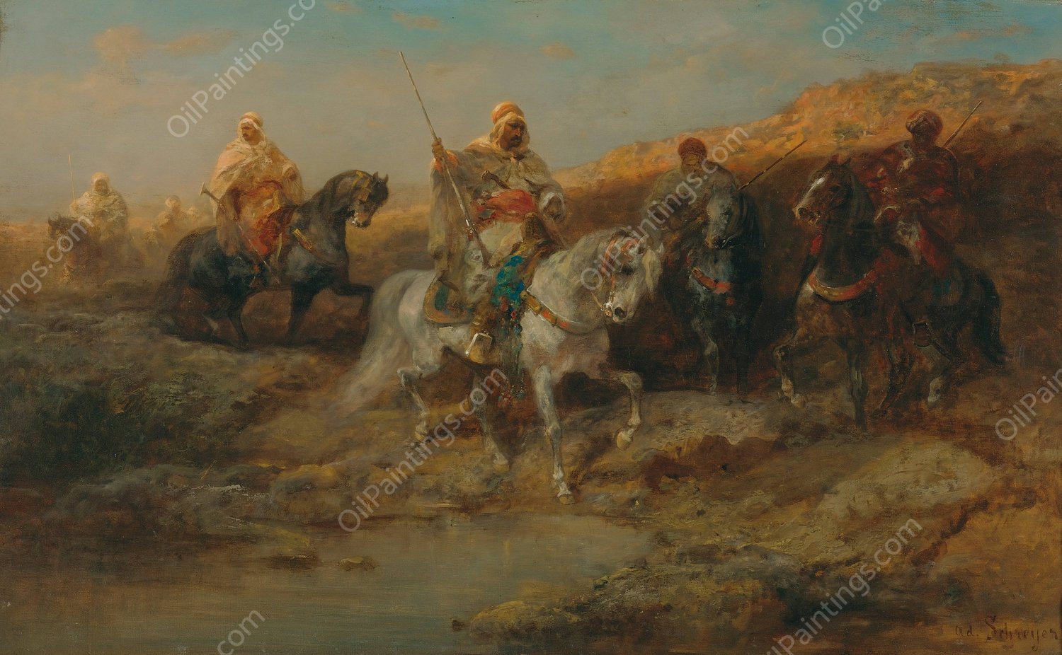 Riders By An Oasis by Adolf Schreyer - Hand-Painted Oil Painting Reproduction