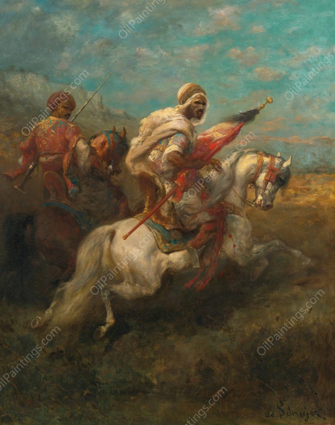 Two scouts on horseback by Adolf Schreyer - Hand-Painted Oil Painting Reproduction