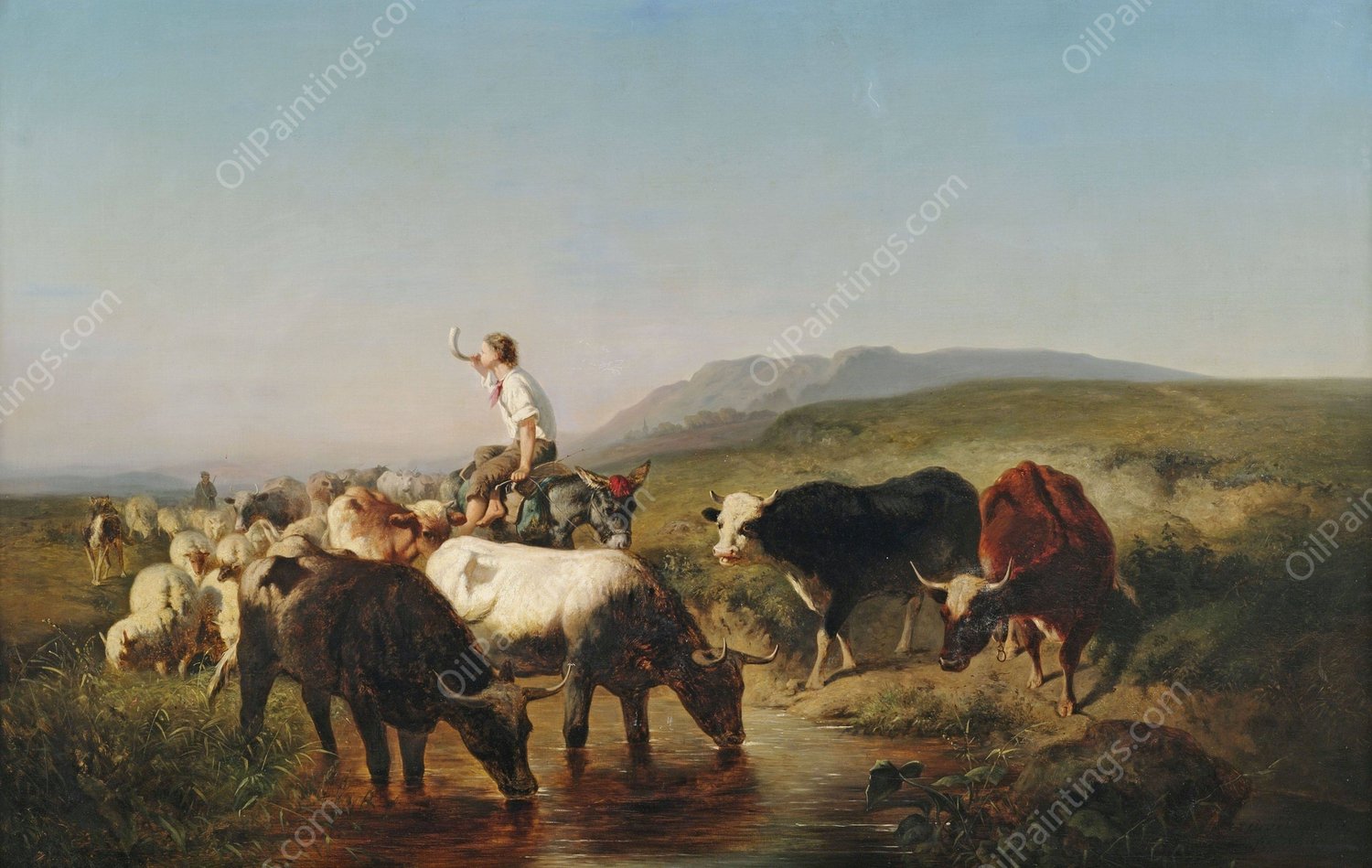 Vieh- und Schafherde mit eselreitendem Hirtenknaben in weiter Landschaft by Adolf Schreyer - Hand-Painted Oil Painting Reproduction