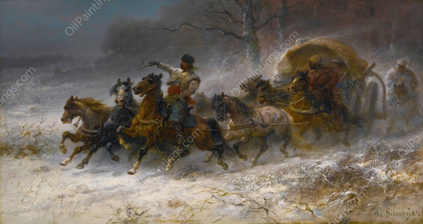 Wallachians On The Move In A Winter Landscape by Adolf Schreyer - Hand-Painted Oil Painting Reproduction