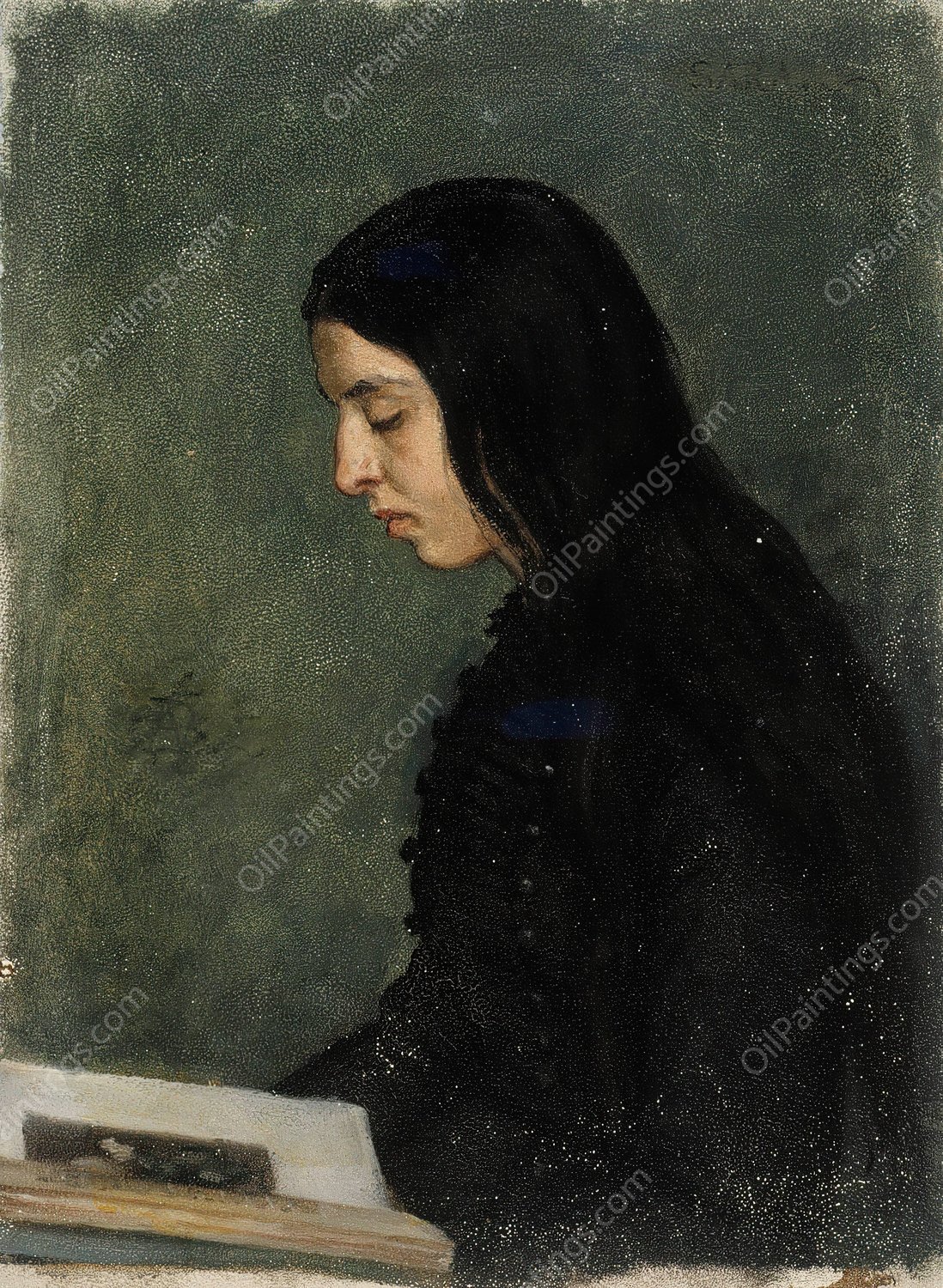 Reading Black Haired Woman  by Adolf Von Becker - Hand-Painted Oil Painting Reproduction