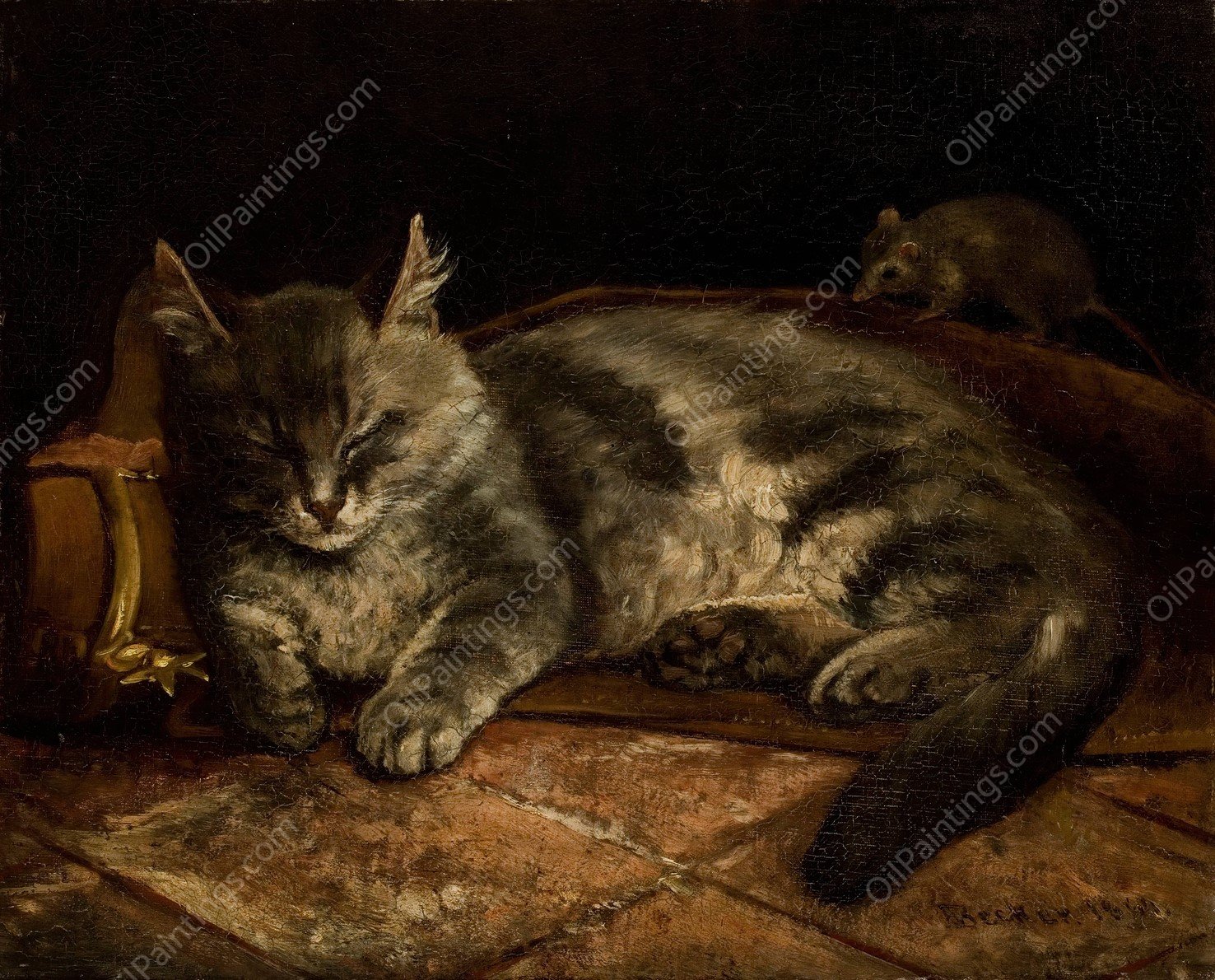 Sleeping Grey Cat And A Rat  by Adolf Von Becker - Hand-Painted Oil Painting Reproduction