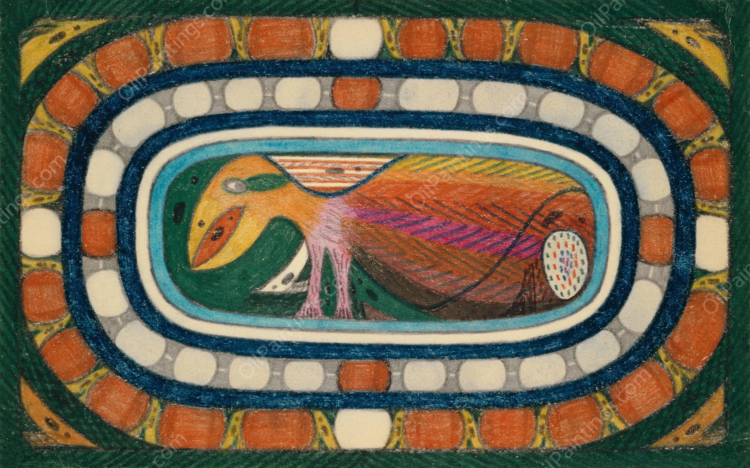 Die Delphine; Ein absolutt, ungefahrlicher Riesen Vogel  by Adolf Wolfli - Hand-Painted Oil Painting Reproduction
