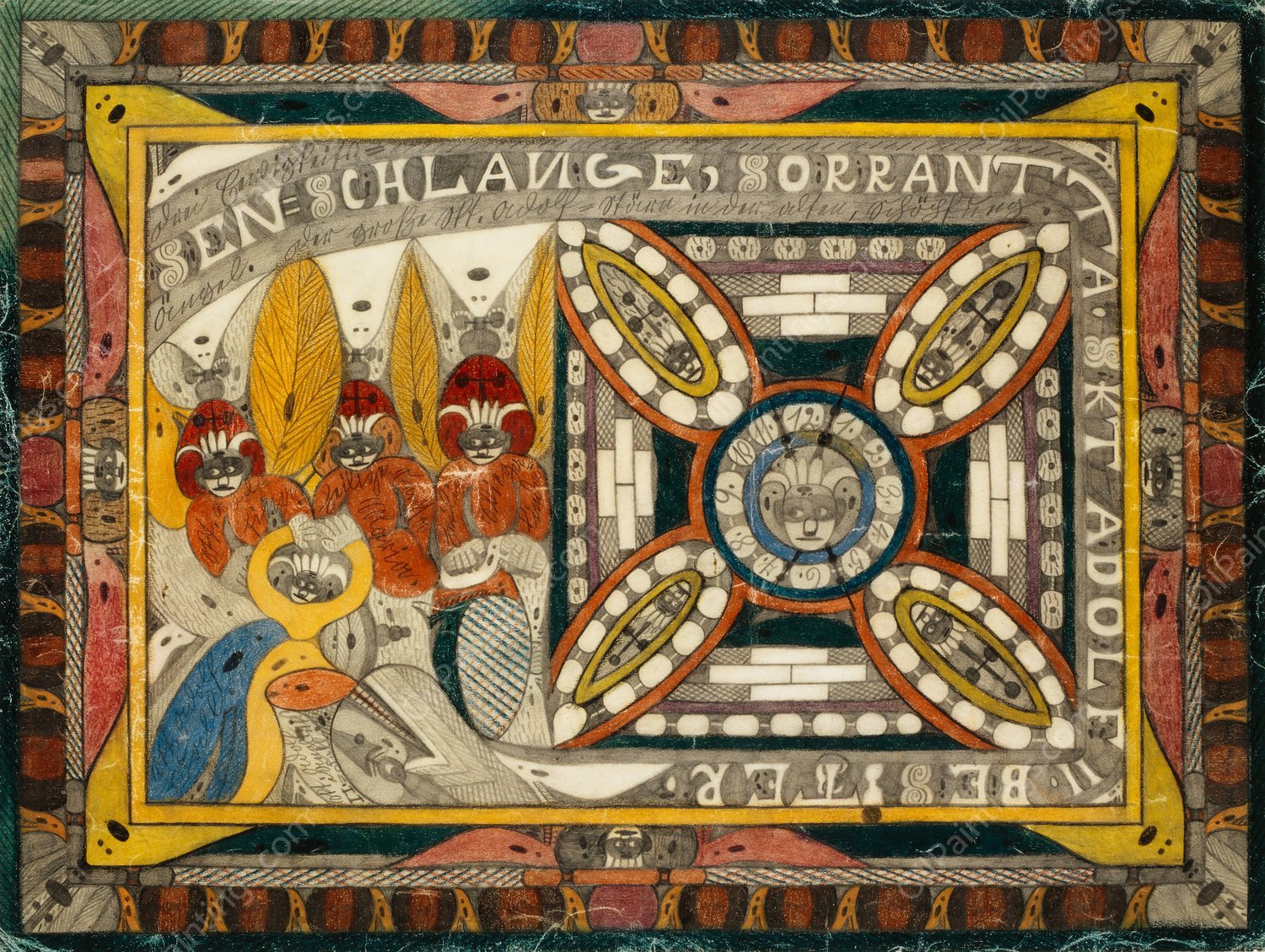 Riesen Schlange, Sorrantta, drei Eewigkeits Angel und der grobe Skt. Adolf Starn in der alten, Schopfung  by Adolf Wolfli - Hand-Painted Oil Painting Reproduction