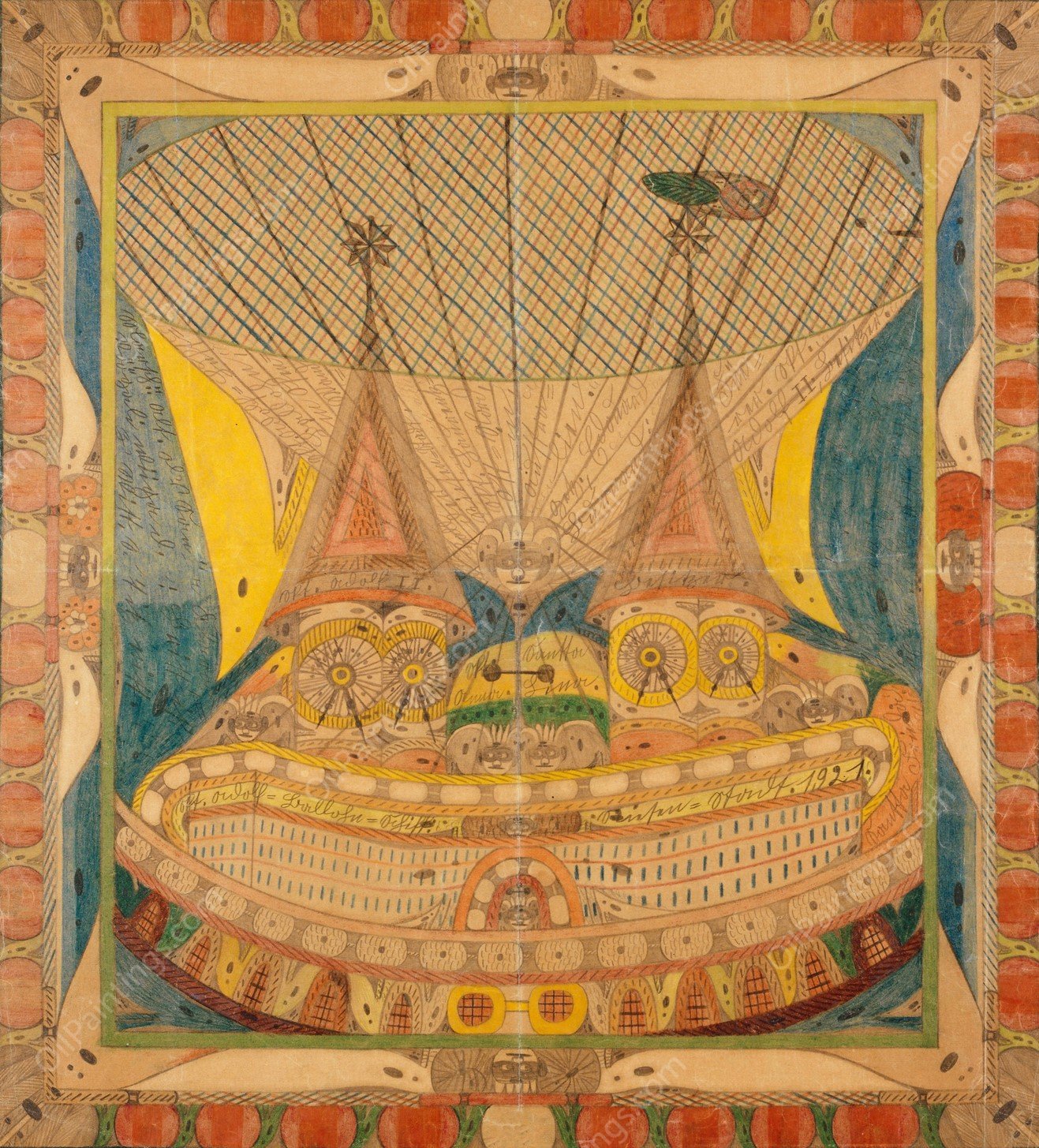 Skt. Adolf Ballohn Schiff; Riesen Stadt  by Adolf Wolfli - Hand-Painted Oil Painting Reproduction