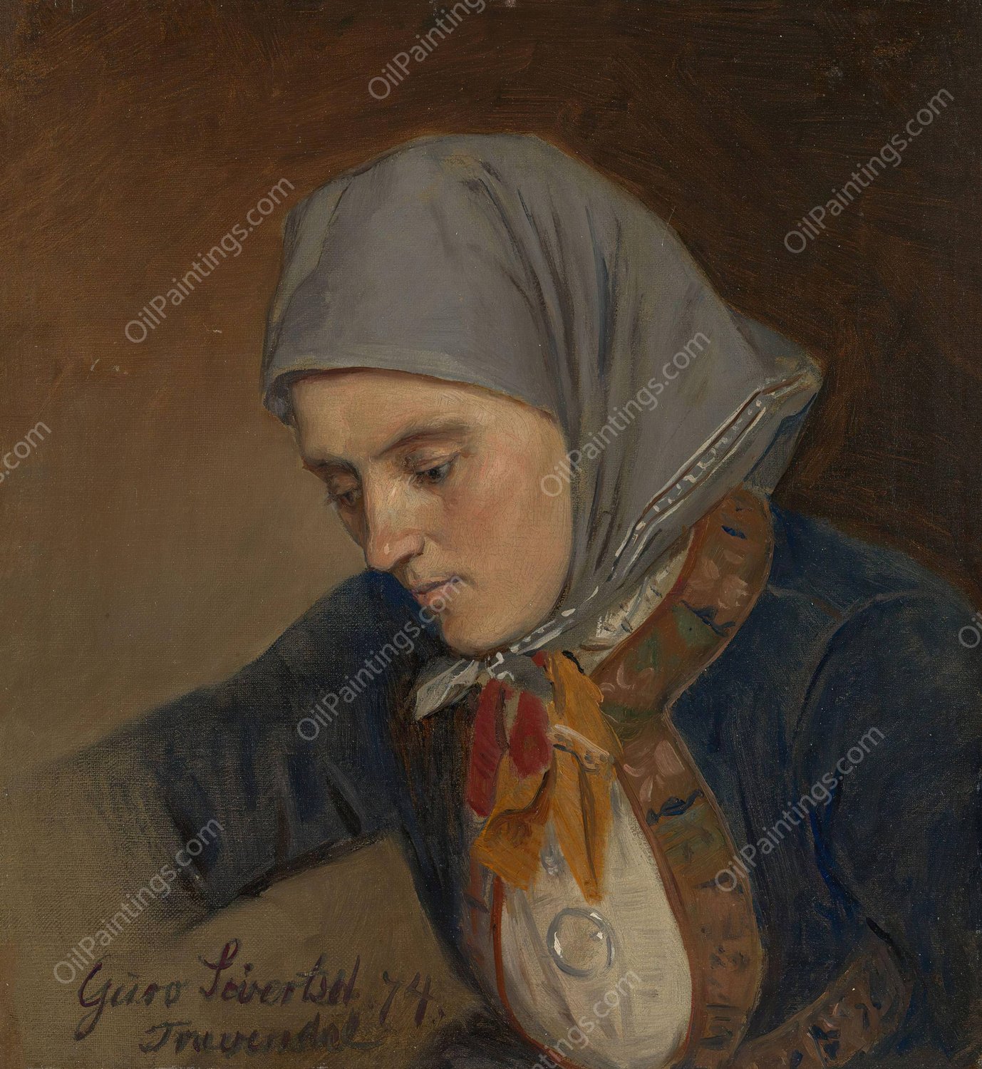 Portrait of Guro Sivertsdatter Travendal  by Adolph Tidemand - Hand-Painted Oil Painting Reproduction